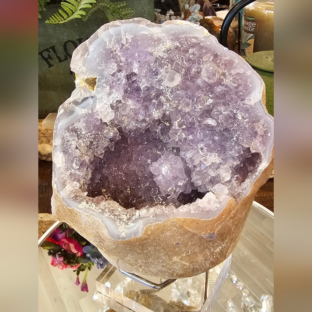 Amethyst Geode With Flower Formation Within Cave And Blue Agate Banding